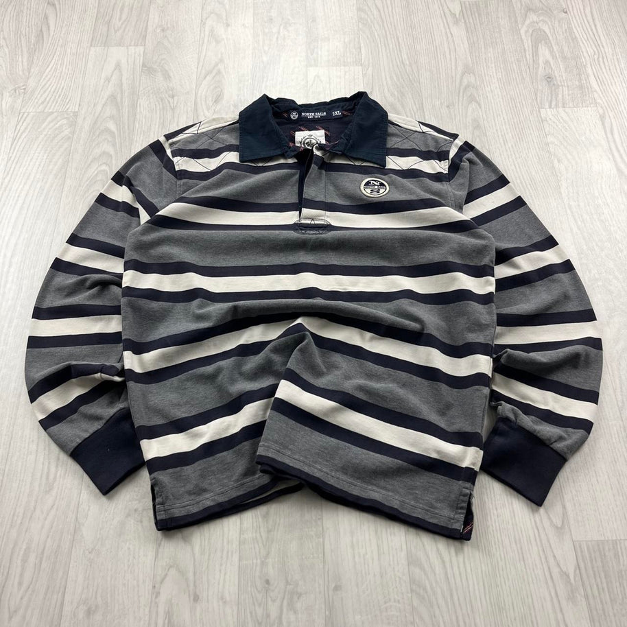 VINTAGE Y2K NORTH SAILS STRIPED LONG SLEEVE RUGBY POLO SHIRT GREY