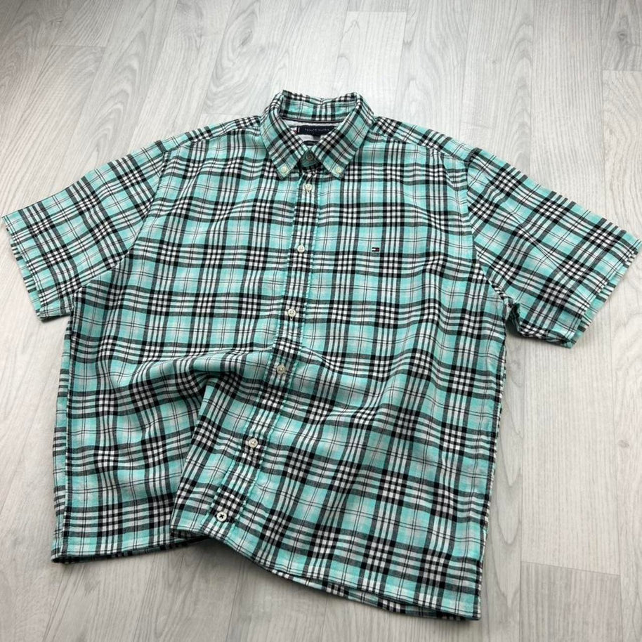 VINTAGE 00s TOMMY HILFIGER CHECKERED CROPPED SHORT SLEEVE BUTTON UP SHIRT BLACK / TURQUOISE