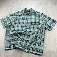 VINTAGE 00s TOMMY HILFIGER CHECKERED CROPPED SHORT SLEEVE BUTTON UP SHIRT BLACK / TURQUOISE