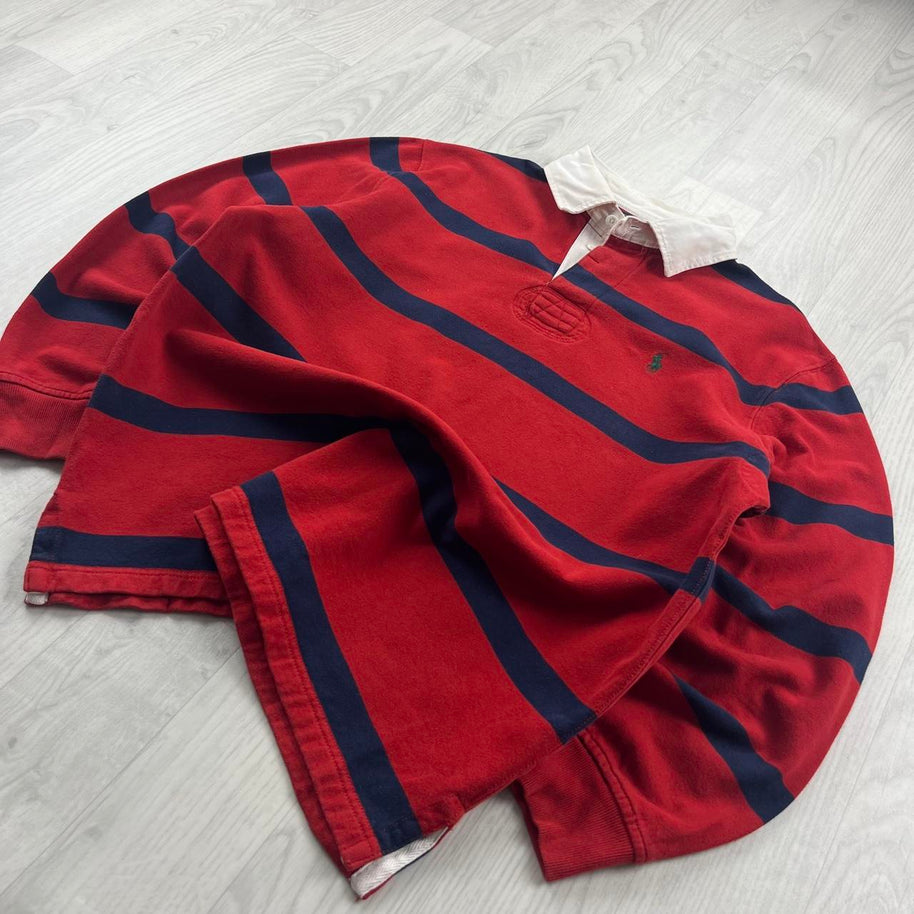 VINTAGE Y2K POLO RALPH LAUREN STRIPED LONG SLEEVE RUGBY POLO SHIRT RED
