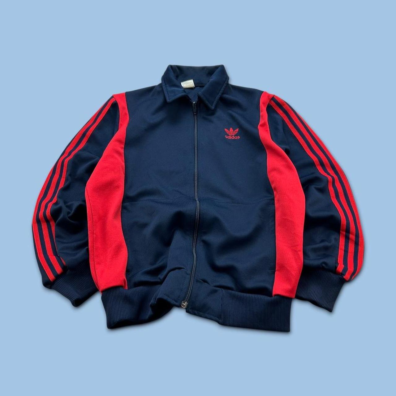 VINTAGE 80s ADIDAS ZIP UP TRACK JACKET NAVY / RED