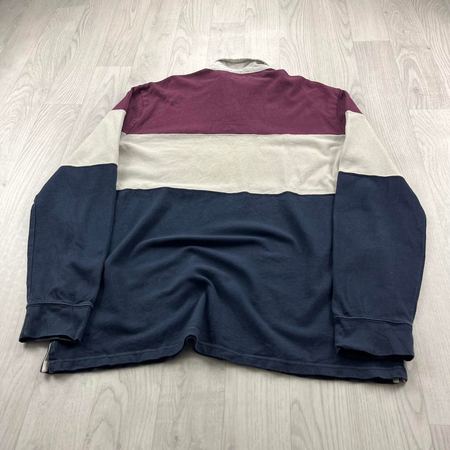VINTAGE Y2K LEVIS STRIPED LONG SLEEVE RUGBY POLO SHIRT NAVY / BURGUNDY