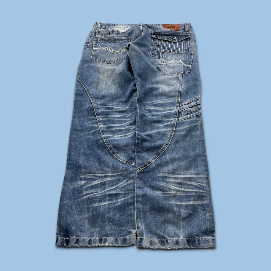 VINTAGE Y2K KOS MO BAGGY EMBROIDERED GRAPHIC JEANS BLUE