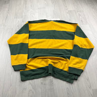 VINTAGE Y2K STRIPED LONG SLEEVE RUGBY POLO SHIRT YELLOW KHAKI