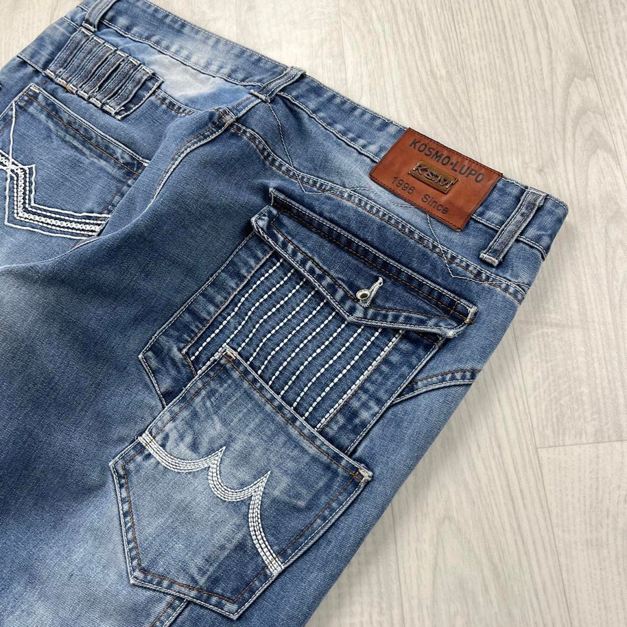 VINTAGE Y2K KOS MO BAGGY EMBROIDERED GRAPHIC JEANS BLUE