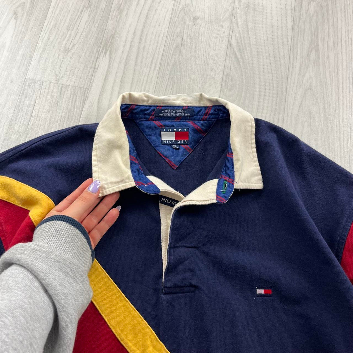 VINTAGE Y2K TOMMY HILFIGER STRIPED LONG SLEEVE RUGBY POLO SHIRT NAVY