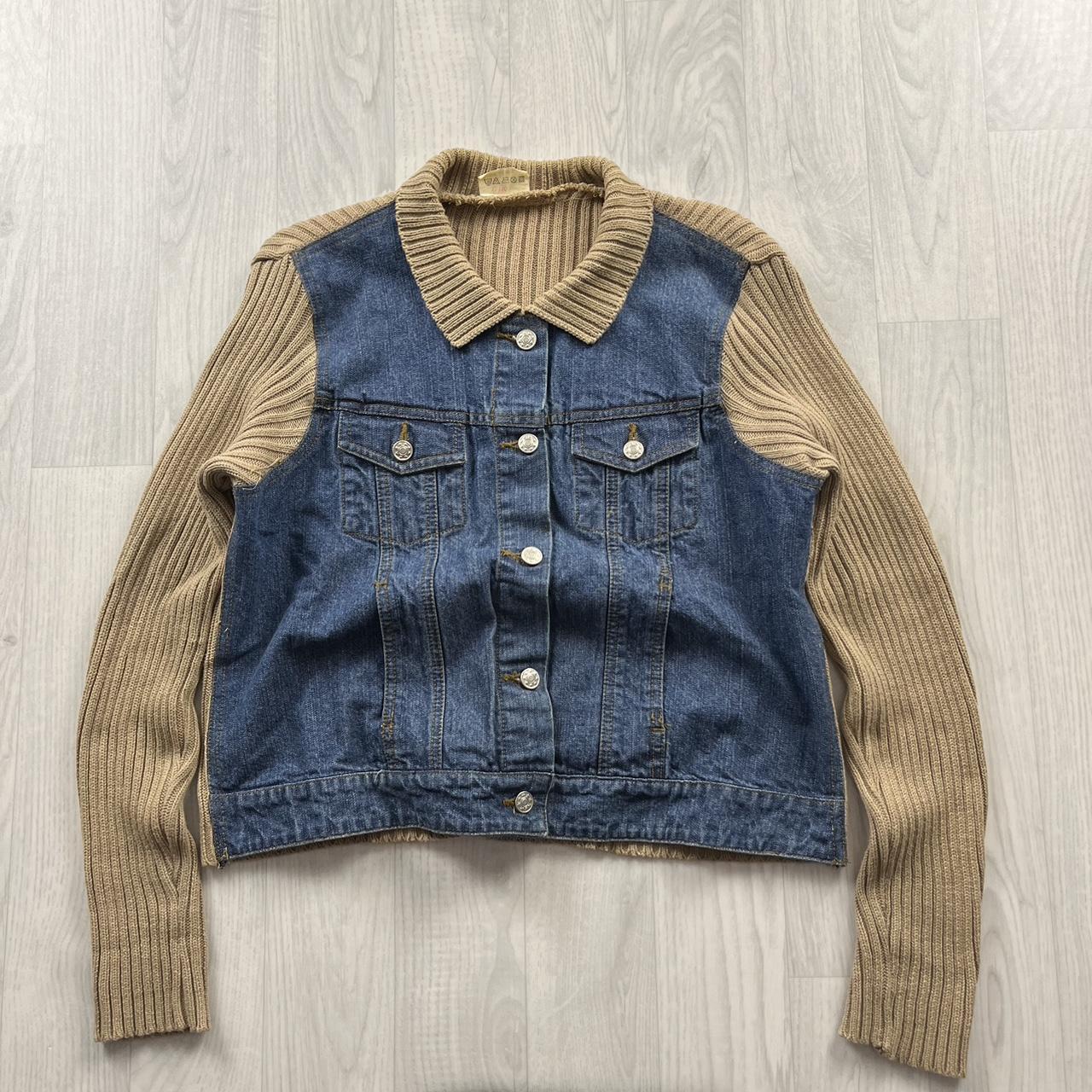 VINTAGE Y2K DENIM RIBBED SLEEVE JACKET BLUE BEIGE (L)