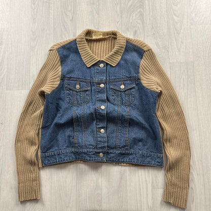VINTAGE Y2K DENIM RIBBED SLEEVE JACKET BLUE BEIGE (L)