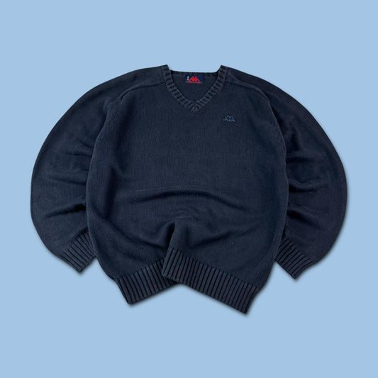VINTAGE Y2K KAPPA V NECK CHUNKY KNITTED JUMPER NAVY