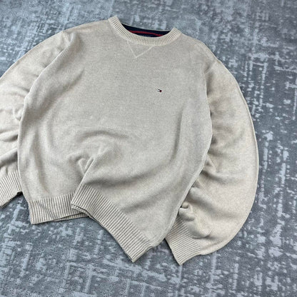VINTAGE Y2K TOMMY HILFIGER CHUNKY ESSENTIAL KNITTED JUMPER BEIGE