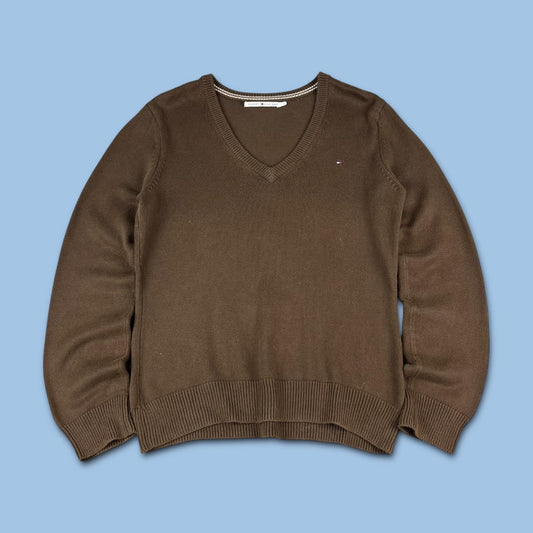 VINTAGE Y2K TOMMY HILFIGER V NECK KNITTED JUMPER BROWN