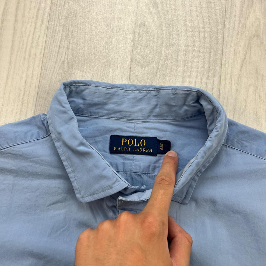 VINTAGE 00s RALPH LAUREN PLAIN CROPPED SHORT SLEEVE BUTTON UP SHIRT BLUE