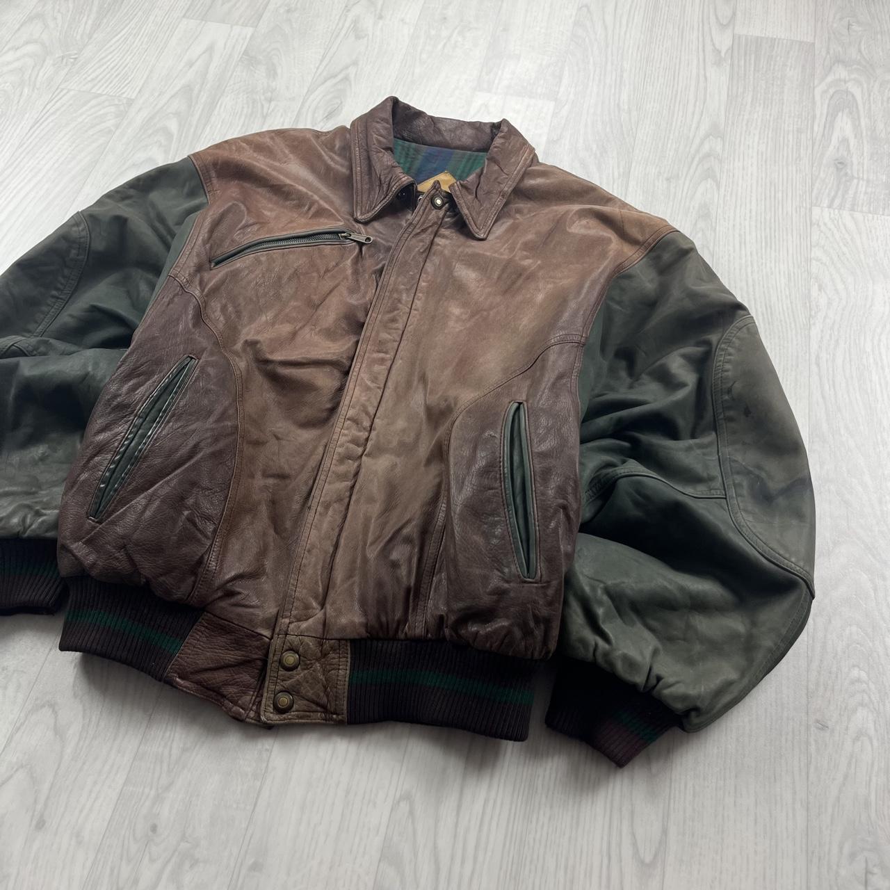 VINTAGE Y2K LEATHER FLIGHT BOMBER VARSITY JACKET BROWN / GREEN