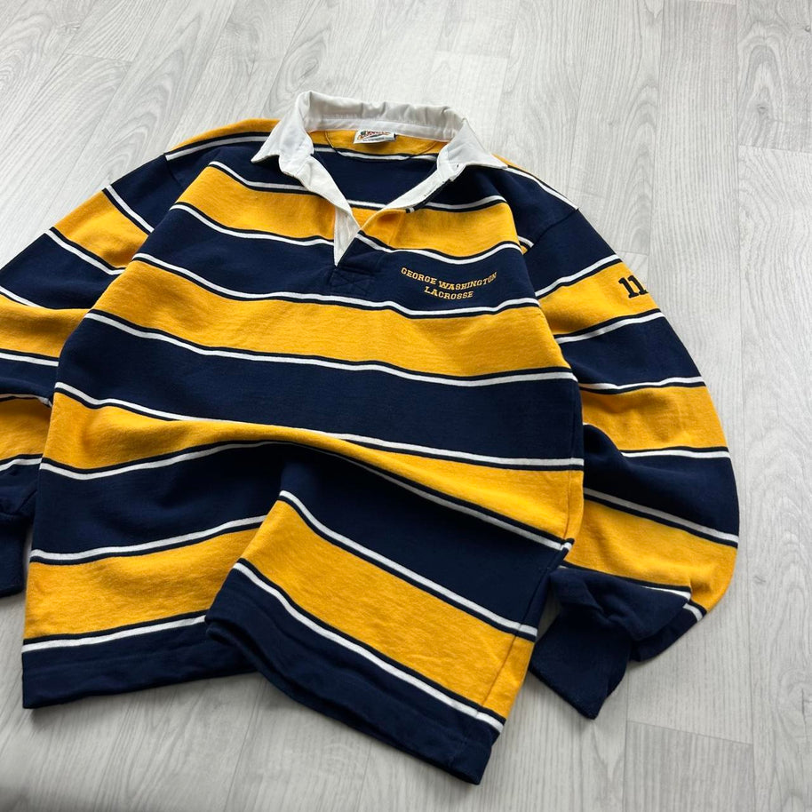 VINTAGE Y2K STRIPED LONG SLEEVE RUGBY POLO SHIRT YELLOW NAVY