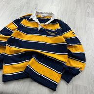 VINTAGE Y2K STRIPED LONG SLEEVE RUGBY POLO SHIRT YELLOW NAVY