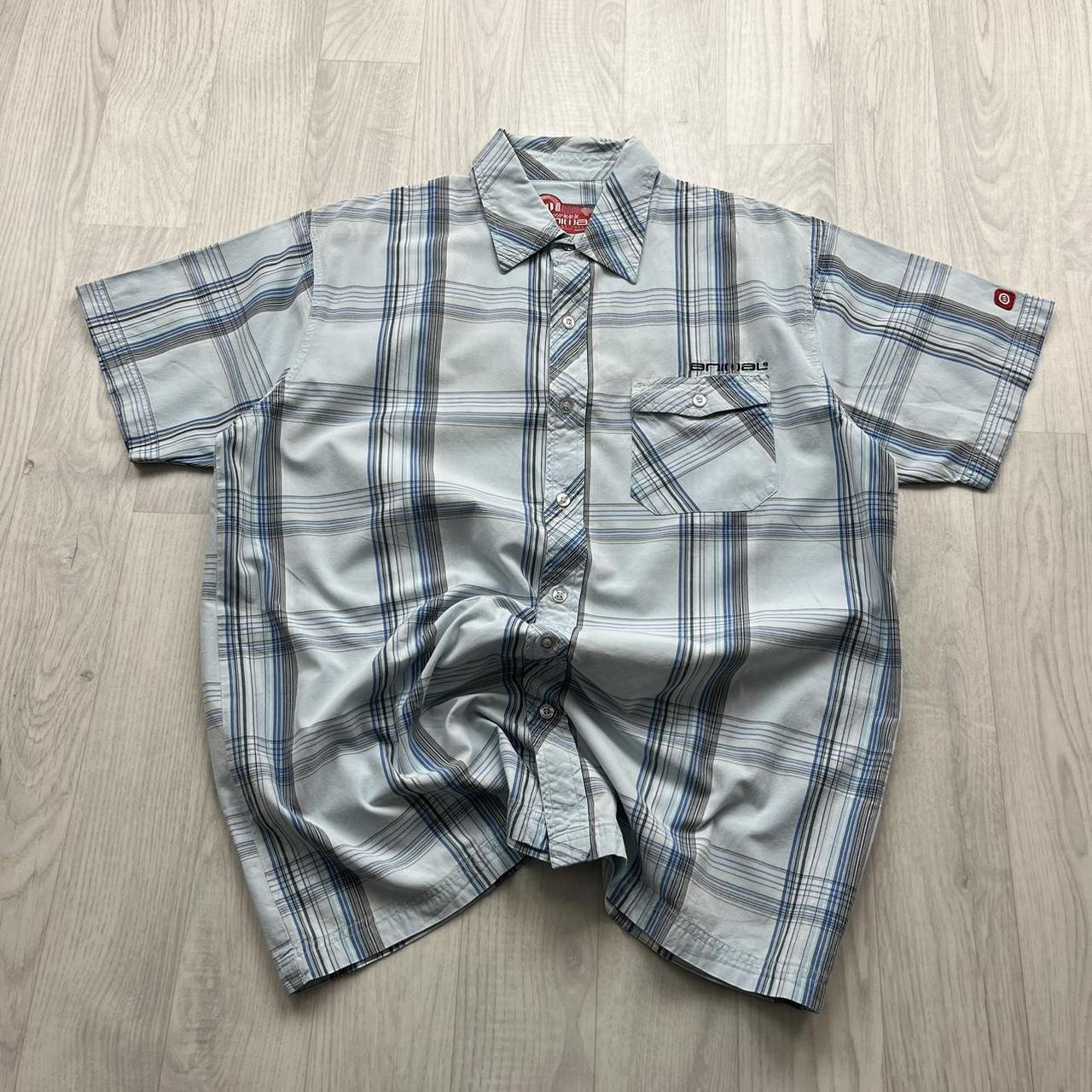 VINTAGE Y2K ANIMAL PLAID SHORT SLEEVE SHIRT LIGHT BLUE