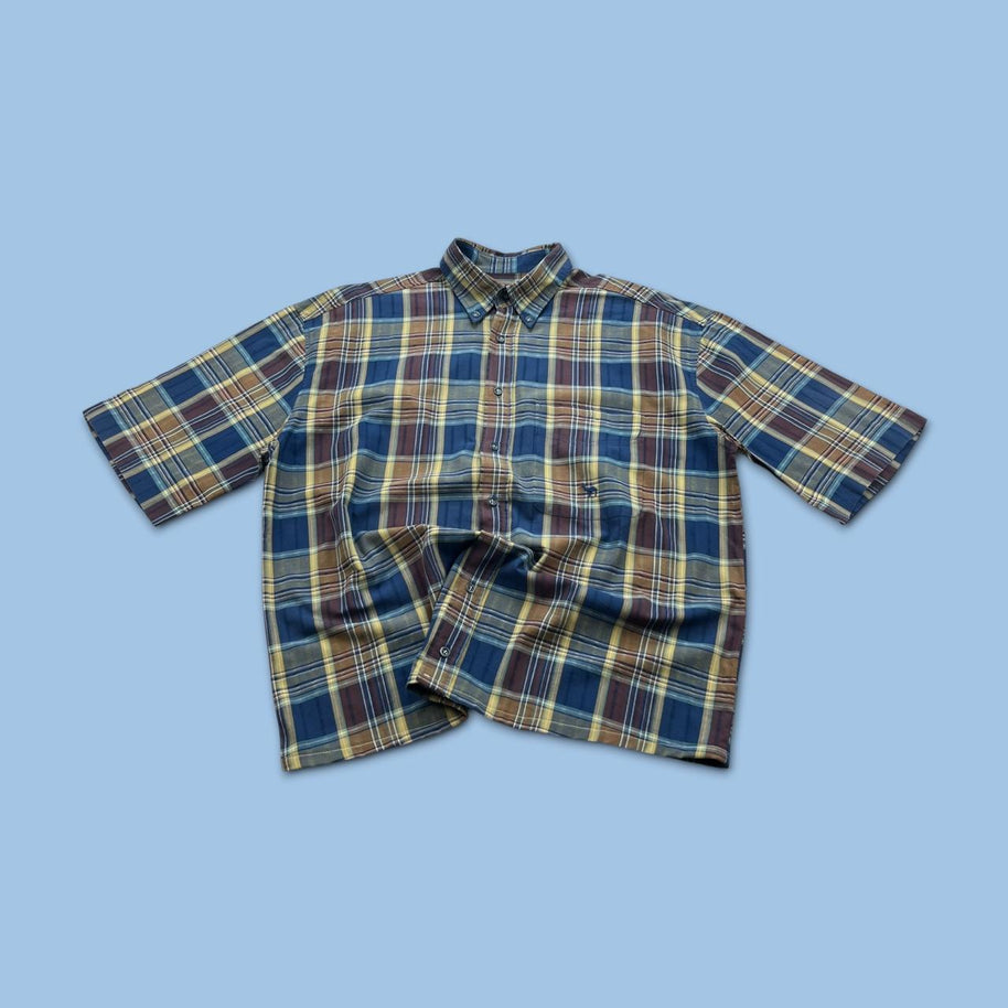 VINTAGE 00s CAMEL CHECKERED CROPPED SHORT SLEEVE BUTTON UP SHIRT NAVY