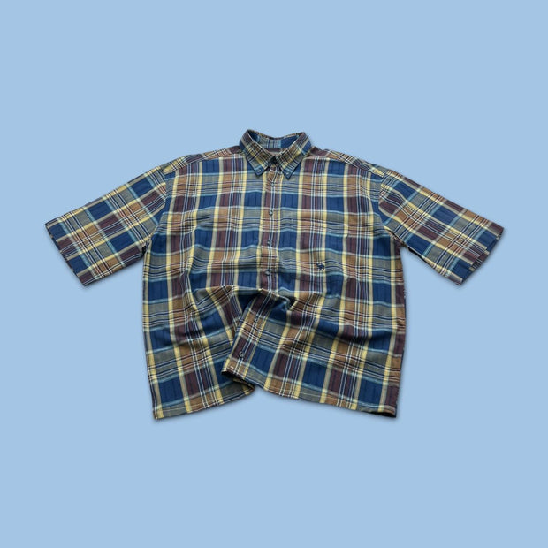 VINTAGE 00s CAMEL CHECKERED CROPPED SHORT SLEEVE BUTTON UP SHIRT NAVY