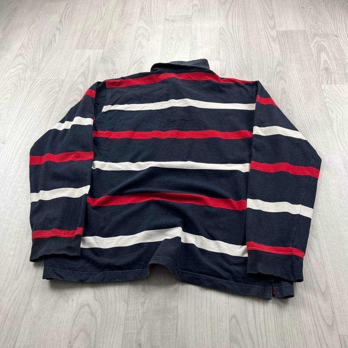 VINTAGE Y2K STRIPED LONG SLEEVE RUGBY POLO SHIRT NAVY