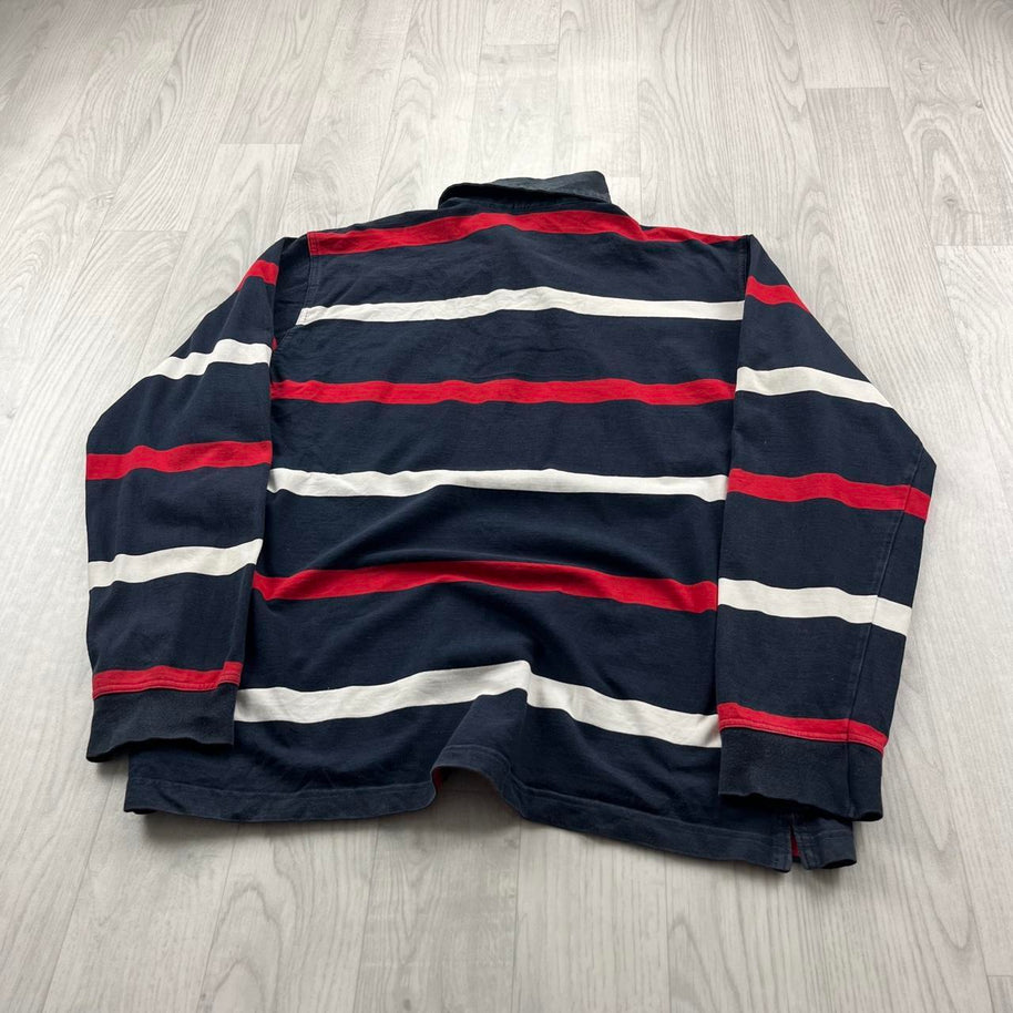 VINTAGE Y2K STRIPED LONG SLEEVE RUGBY POLO SHIRT NAVY