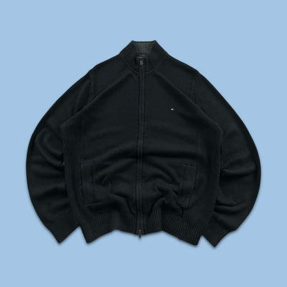 VINTAGE Y2K TOMMY HILFIGER ZIP KNITTED JUMPER BLACK (XL)