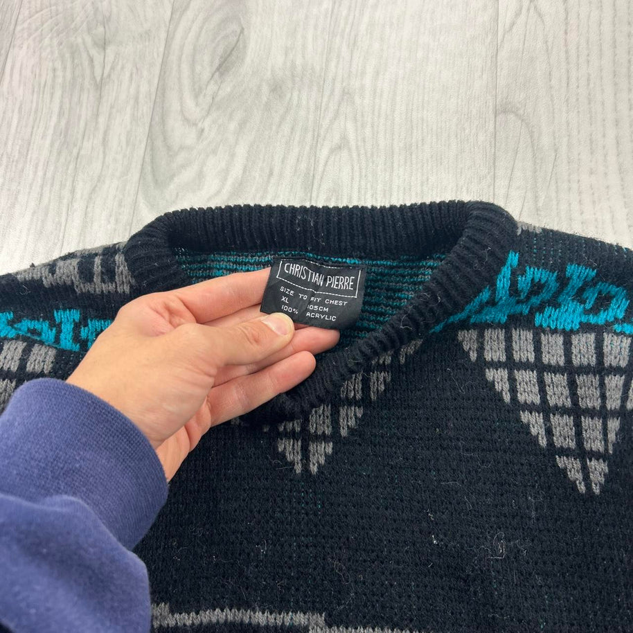 VINTAGE 90s FUNKY PATTERN KNITTED JUMPER BLACK / GREY