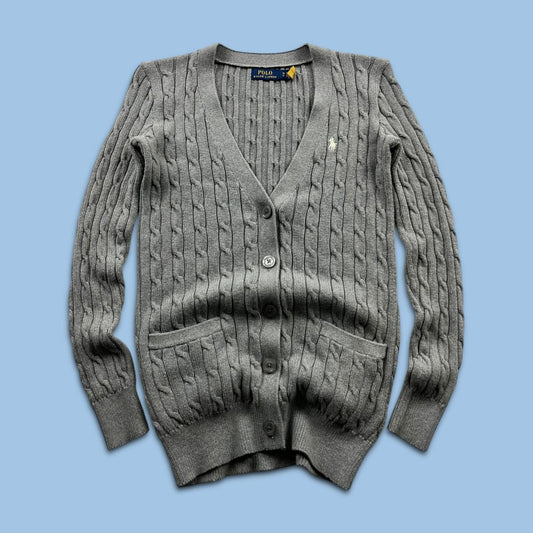 VINTAGE Y2K POLO RALPH LAUREN CHUNKY CABLE KNITTED CARDIGAN GREY