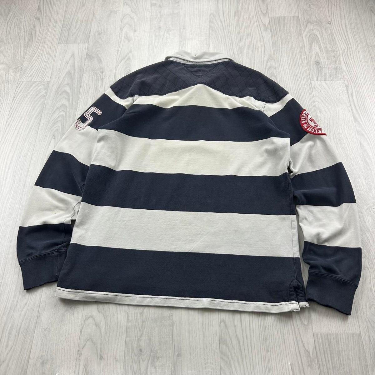 VINTAGE Y2K TOMMY HILFIGER STRIPED LONG SLEEVE RUGBY POLO SHIRT WHITE / NAVY