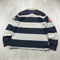 VINTAGE Y2K TOMMY HILFIGER STRIPED LONG SLEEVE RUGBY POLO SHIRT WHITE / NAVY
