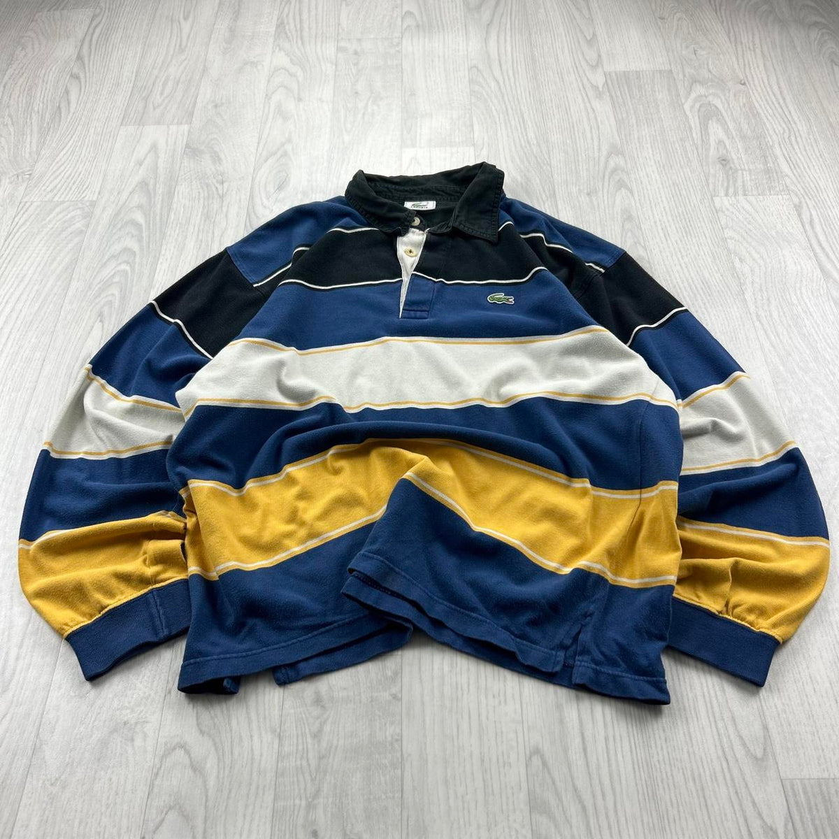 VINTAGE Y2K LACOSTE STRIPED LONG SLEEVE RUGBY POLO SHIRT BLUE / YELLOW