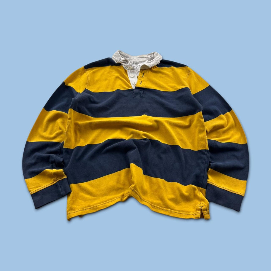 VINTAGE Y2K STRIPED LONG SLEEVE RUGBY POLO SHIRT YELLOW NAVY