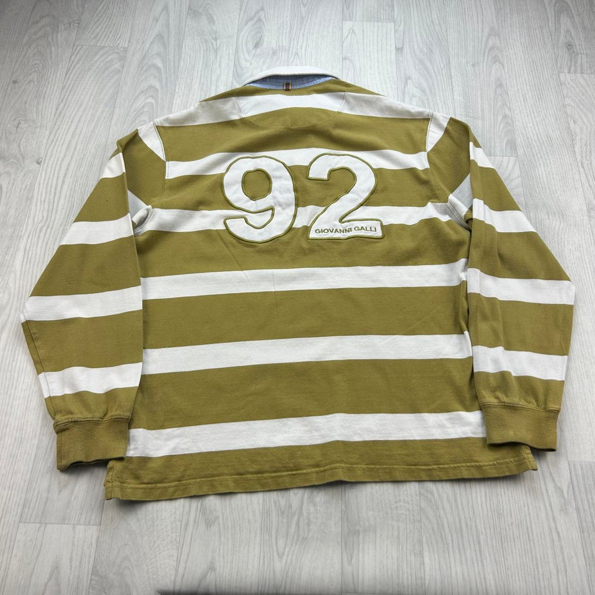 VINTAGE Y2K STRIPED LONG SLEEVE RUGBY POLO SHIRT KHAKI / WHITE