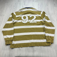 VINTAGE Y2K STRIPED LONG SLEEVE RUGBY POLO SHIRT KHAKI / WHITE