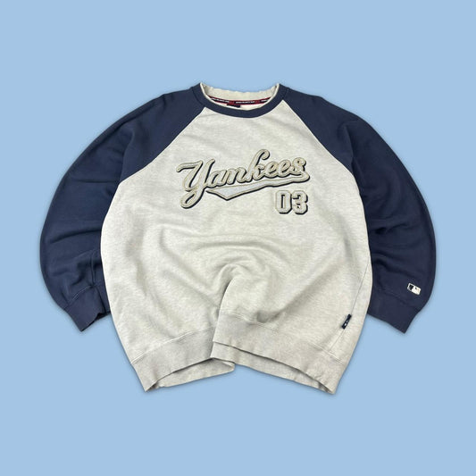 VINTAGE Y2K YANKEES MLB SPELL OUT SWEATSHIRT GREY / NAVY