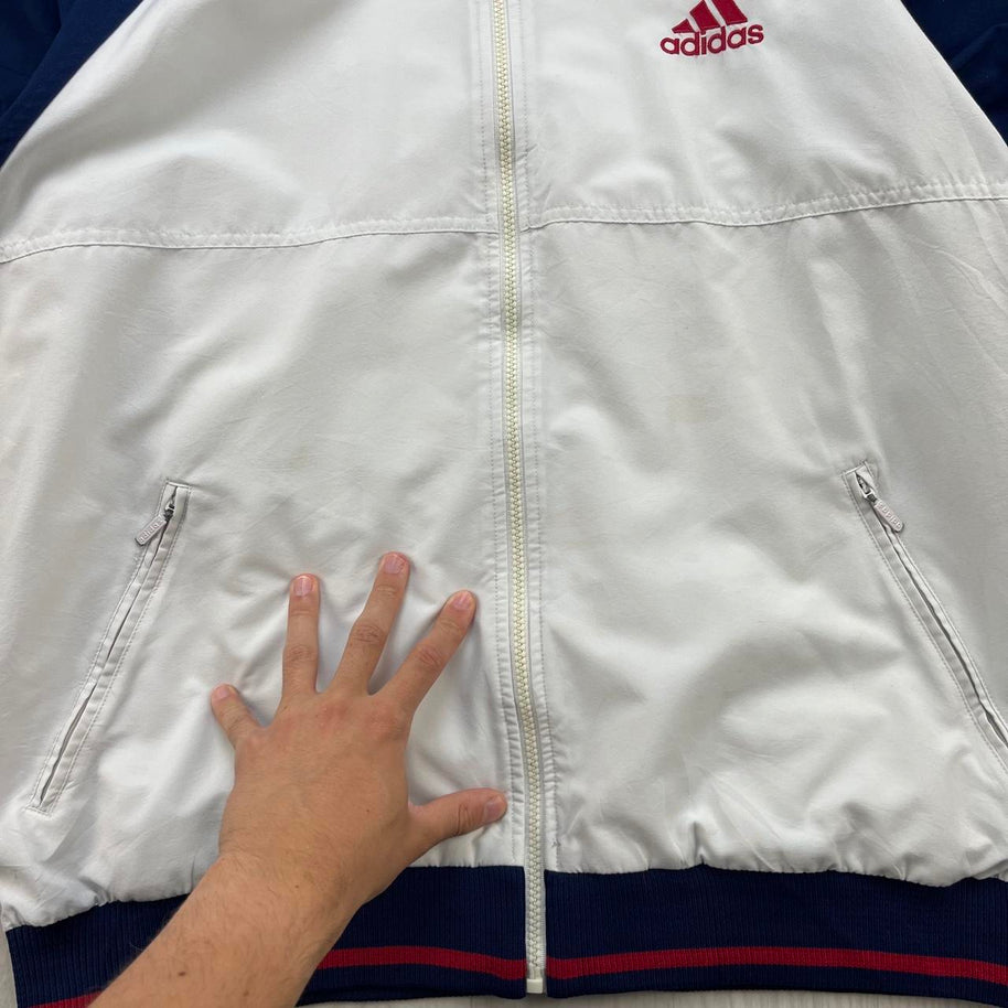 VINTAGE 90s ADIDAS WINDBREAKER TRACK JACKET WHITE / NAVY