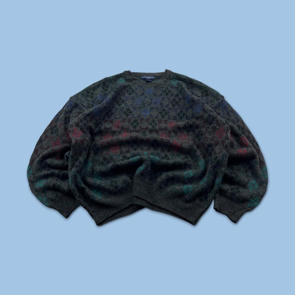 VINTAGE 90s PATTERN KNITTED JUMPER CHARCOAL GREY