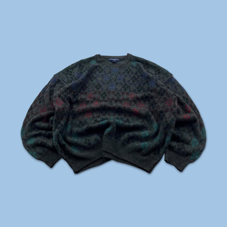 VINTAGE 90s PATTERN KNITTED JUMPER CHARCOAL GREY
