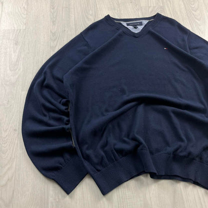 VINTAGE Y2K TOMMY HILFIGER V NECK KNITTED JUMPER NAVY (XL)
