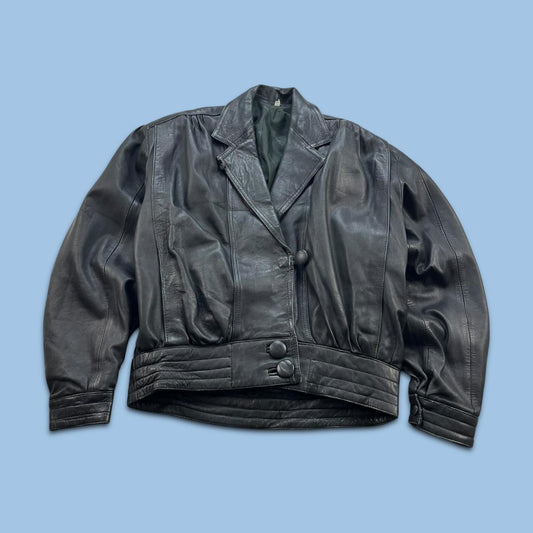 VINTAGE Y2K LEATHER ASYMMETRIC BOMBER JACKET BLACK