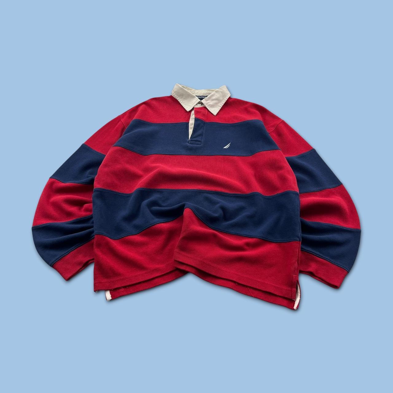 VINTAGE Y2K NAUTICA STRIPED LONG SLEEVE RUGBY POLO SHIRT RED / NAVY