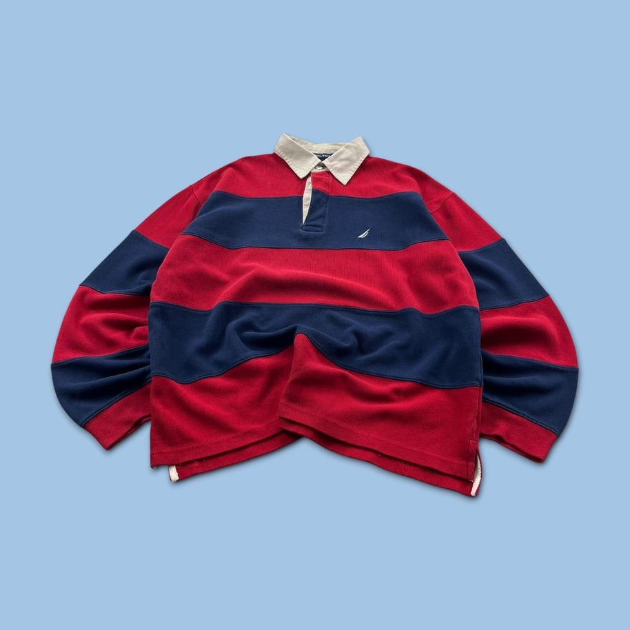 VINTAGE Y2K NAUTICA STRIPED LONG SLEEVE RUGBY POLO SHIRT RED / NAVY