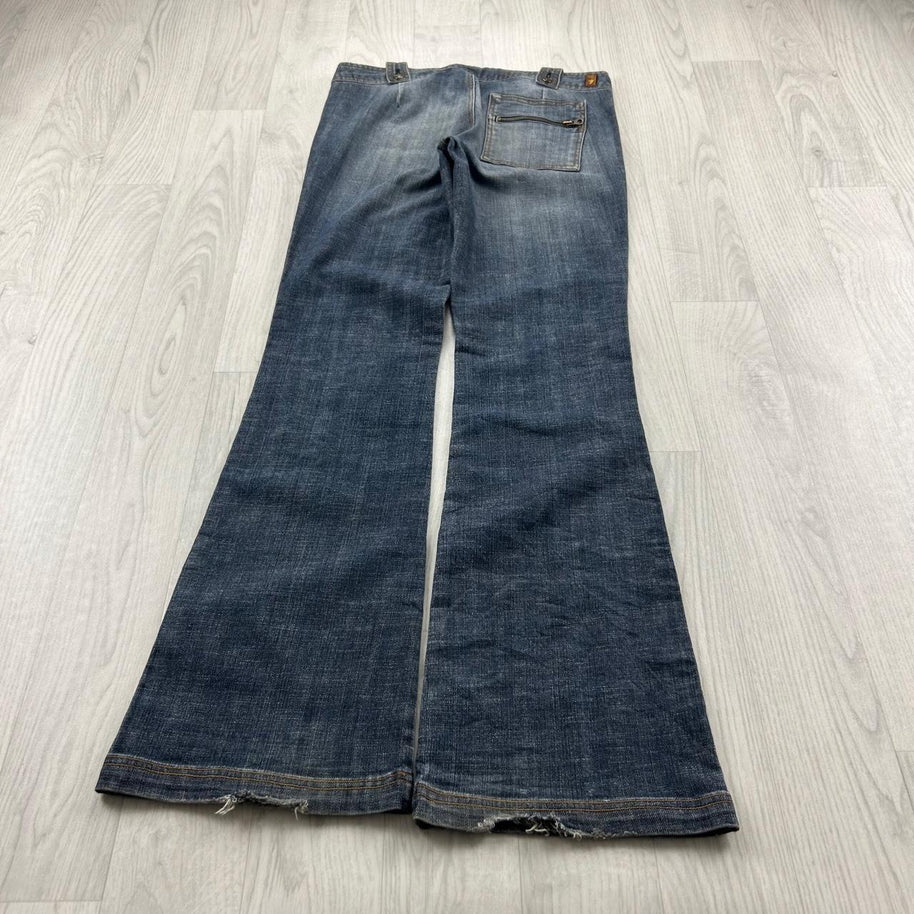 VINTAGE Y2K PINK FLAMINGO LOW RISE BOOTCUT FLARED BUCKLE JEANS BLUE