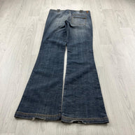 VINTAGE Y2K PINK FLAMINGO LOW RISE BOOTCUT FLARED BUCKLE JEANS BLUE