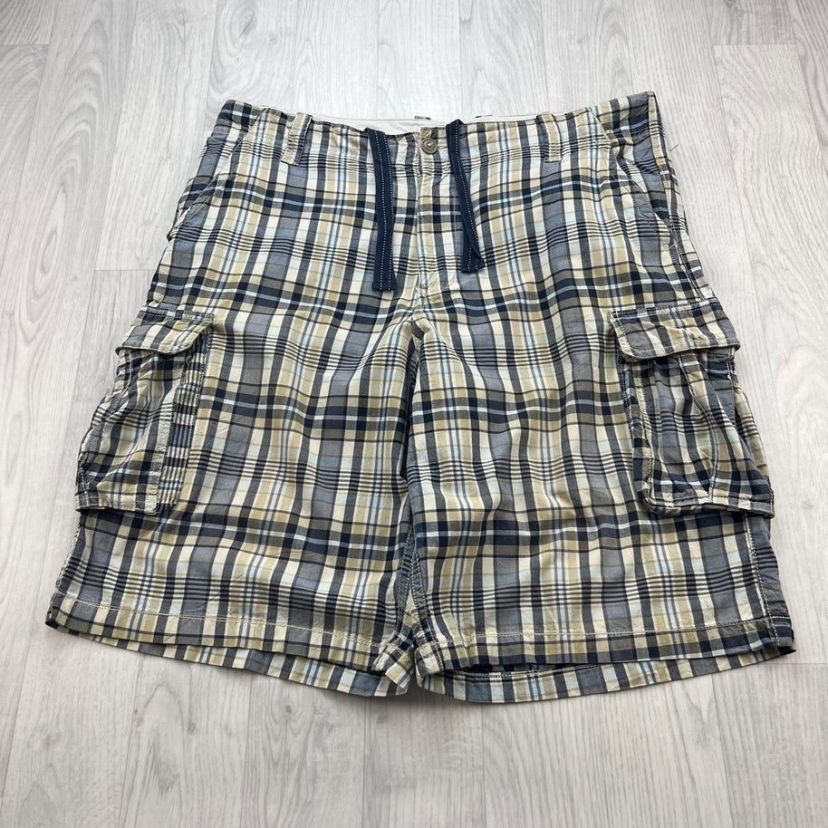 VINTAGE Y2K BAGGY CHECKERED PLAID CARGO SHORTS GREY / YELLOW