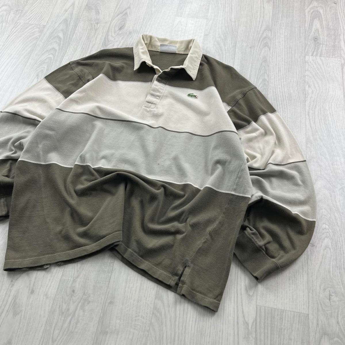 VINTAGE Y2K LACOSTE STRIPED LONG SLEEVE RUGBY POLO SHIRT KHAKI