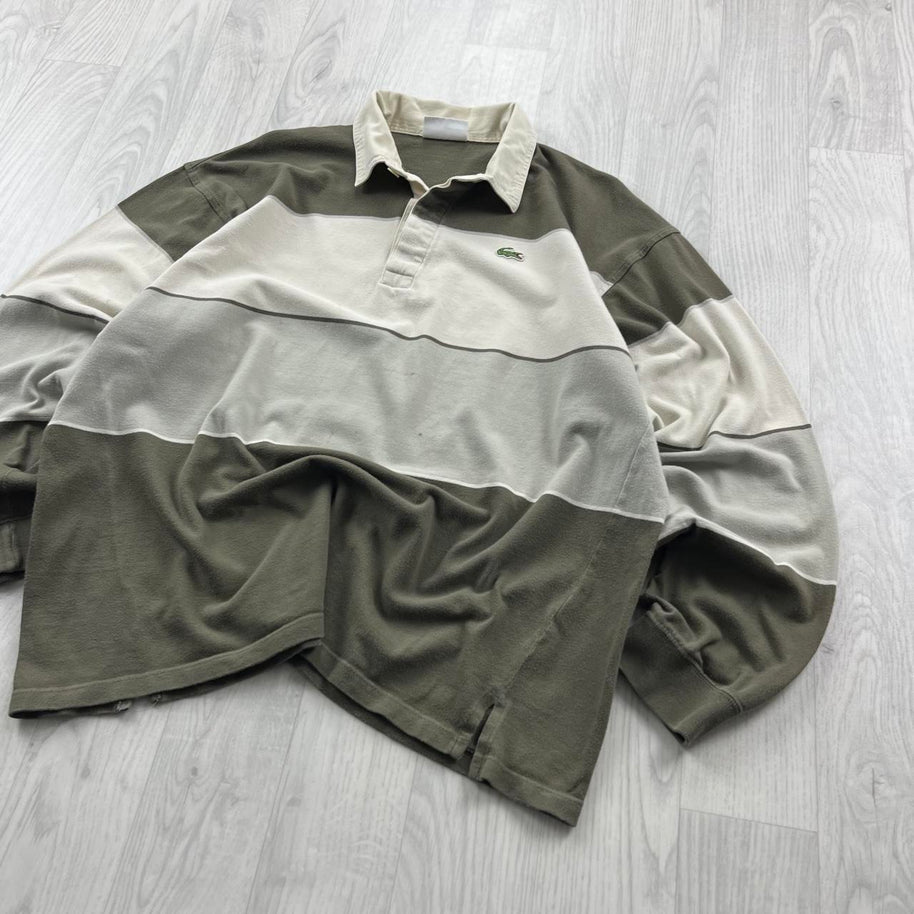 VINTAGE Y2K LACOSTE STRIPED LONG SLEEVE RUGBY POLO SHIRT KHAKI