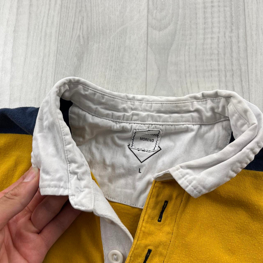 VINTAGE Y2K STRIPED LONG SLEEVE RUGBY POLO SHIRT YELLOW NAVY