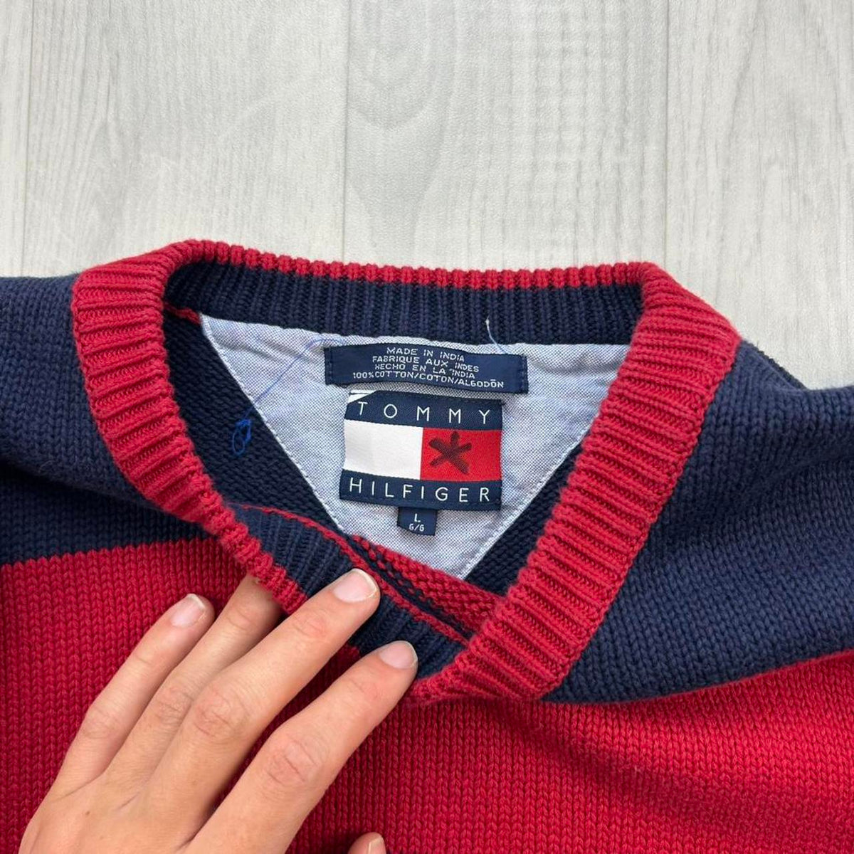 VINTAGE Y2K TOMMY HILFIGER STRIPED CHUNKY KNIT JUMPER NAVY / RED