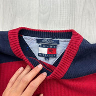 VINTAGE Y2K TOMMY HILFIGER STRIPED CHUNKY KNIT JUMPER NAVY / RED