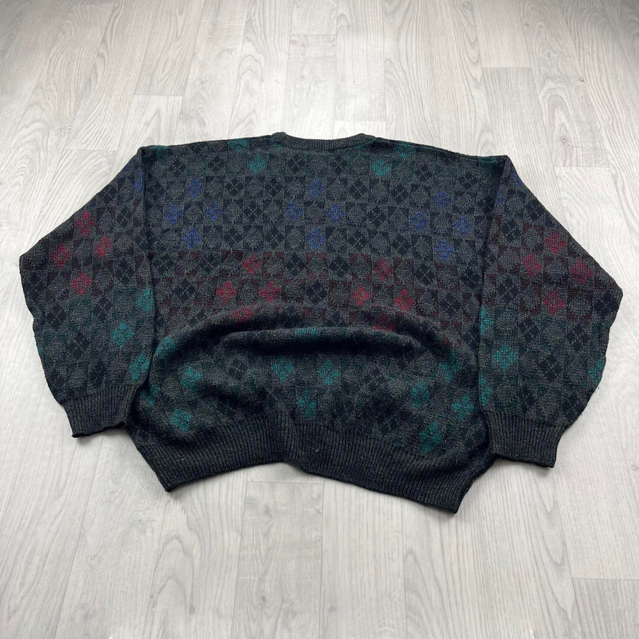 VINTAGE 90s PATTERN KNITTED JUMPER CHARCOAL GREY
